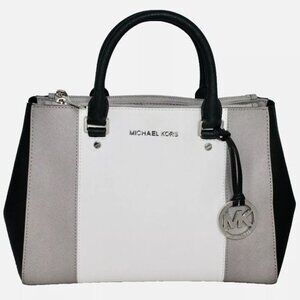 MICHAEL KORS Sutton Center Stripe Colorblock Satchel Gray White Black 30T4SJTS6L